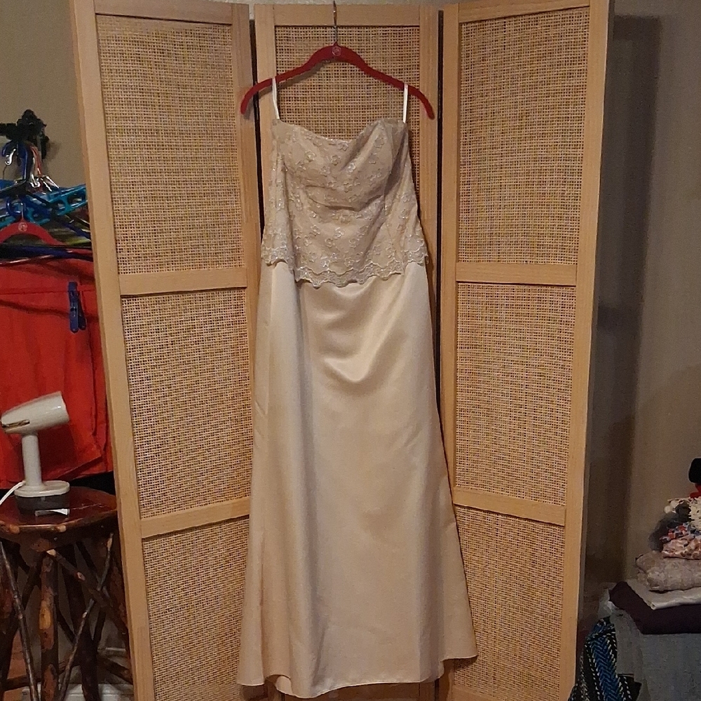 Scott McClintock Formal Cream Dress With White And Silver Lace Bodice Overlay.